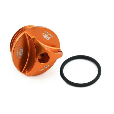 Pro-Bolt Aluminium Oil Filler Cap in vibrant orange, featuring a textured grip design and a hexagonal socket, accompanied by a black rubber O-ring for sealing.