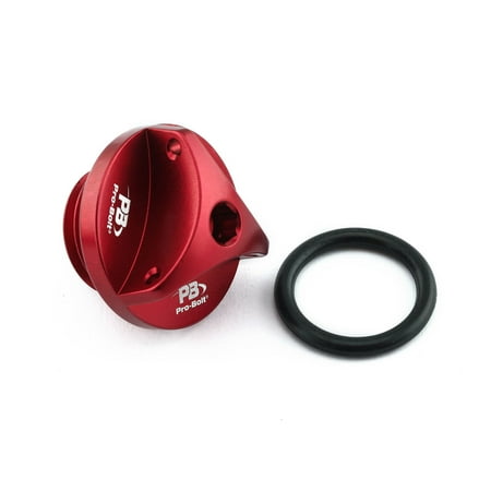 Red aluminium oil filler cap by Pro-Bolt, featuring a sleek design and a side opening, accompanied by a black rubber O-ring for a secure fit.