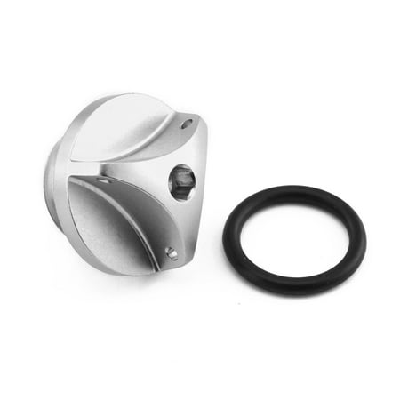 Silver aluminium oil filler cap with a sleek design, featuring a textured grip and a black rubber O-ring for a secure seal.