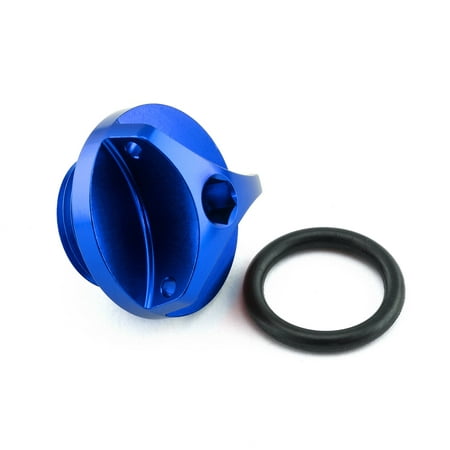 Blue aluminium oil filler cap with a sleek design and a central opening, accompanied by a black rubber O-ring for sealing.