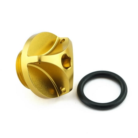 Gold aluminium oil filler cap with a textured surface and a central hexagonal socket, accompanied by a black rubber O-ring for sealing.