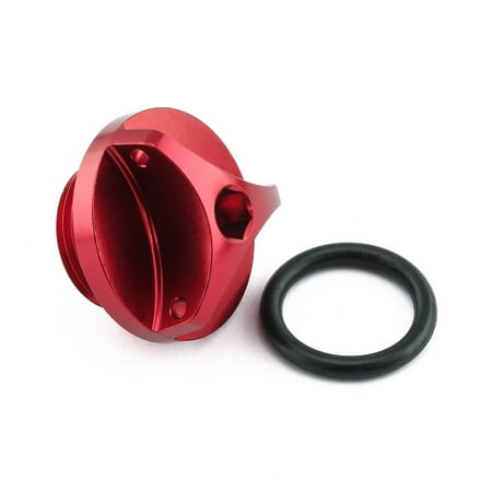 Red aluminium oil filler cap with a sleek design, featuring a hexagonal opening and a black rubber O-ring for a secure fit, designed specifically for Suzuki motorcycles.
