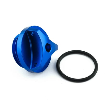 Blue aluminium oil filler cap with a smooth finish and a central hexagonal opening, accompanied by a black rubber O-ring for a secure seal, designed for Yamaha motorcycles.