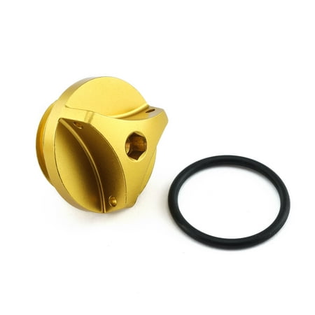 Gold aluminium oil filler cap for Yamaha motorcycles, featuring a sleek design and a black rubber O-ring for a secure fit.