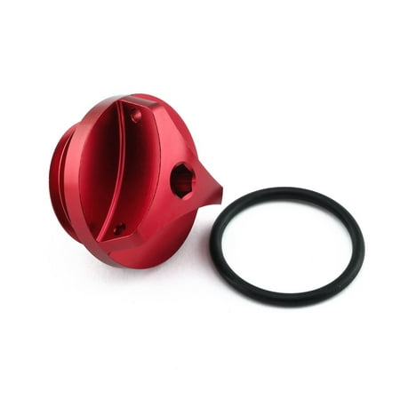 Red aluminium oil filler cap with a sleek design, featuring a central opening and a black rubber O-ring for a secure fit, specifically designed for Yamaha motorcycles.