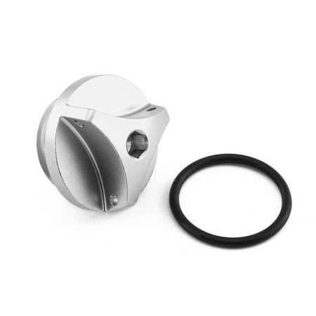 Silver aluminium oil filler cap designed for Yamaha, featuring a sleek, rounded shape and a hexagonal opening, accompanied by a black rubber O-ring.