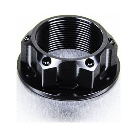 Black aluminium open flanged yoke nut featuring a textured surface, six evenly spaced holes, and deep internal threading for secure fastening.