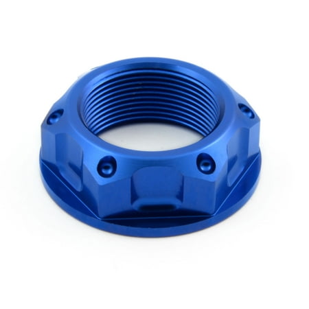 Blue aluminium open flanged yoke nut with a textured surface and six prominent ridges, designed for durability and a secure fit.