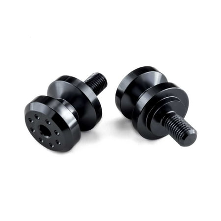 Pro-Bolt Aluminium paddock stand bobbins in black, featuring a sleek design with a 10mm threaded bolt and multiple holes for secure attachment.