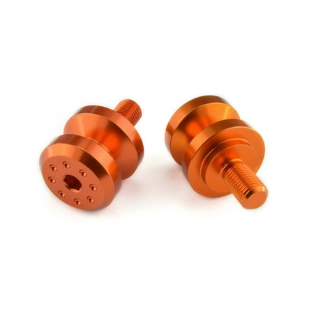 Pro-Bolt Aluminium Paddock Stand Bobbins in vibrant orange, featuring a 10mm thread, with a sleek design and multiple holes for secure attachment.