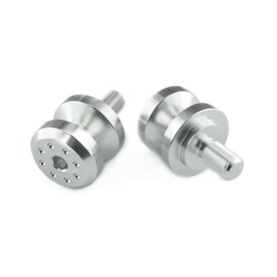 Pro-Bolt Aluminium paddock stand bobbins in silver, featuring a 10mm threaded design with a smooth, polished finish and multiple holes for secure attachment.