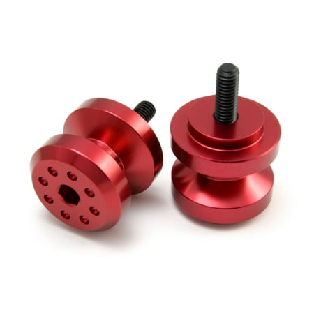 Pro-Bolt red aluminium paddock stand bobbins featuring a sleek design with a 6mm threaded bolt and multiple holes for secure attachment.