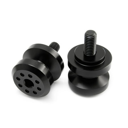 Pro-Bolt Aluminium Paddock Stand Bobbins in black, featuring an 8mm threaded bolt, a sleek design with circular grooves, and multiple holes for secure attachment.