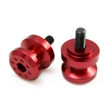 Pro-Bolt aluminium paddock stand bobbins in vibrant red, featuring an 8mm threaded bolt, a sleek design with a smooth finish and six holes for secure attachment.