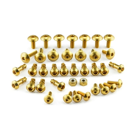 Pro-Bolt Aluminium Quick Release Allen Key Fairing Bolt Kit in gold, featuring various sizes of gold bolts and nuts, designed for easy installation and enhanced aesthetics.