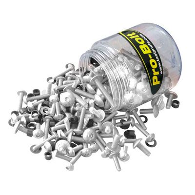 Pro-Bolt Aluminium Quick Release Allen Key Fairing Bolt Kit in silver, featuring a transparent container spilling numerous silver bolts and black washers.