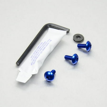 Pro-Bolt Aluminium Screen Bolt Kit in blue, featuring three blue anodized screws, a black washer, an Allen key, and a small tube of adhesive.