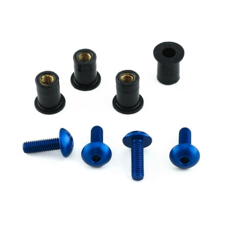 Pro-Bolt Aluminium Screen Bolt Kits in blue, featuring four bolts with a smooth finish, two black rubber grommets, and a sleek design suitable for various applications.
