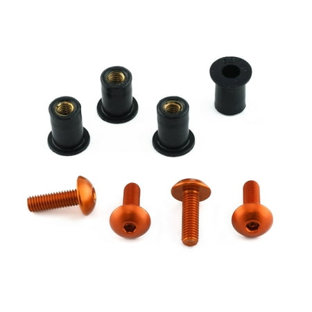 Pro-Bolt Aluminium Screen Bolt Kits in orange, featuring four bolts with rounded heads, black rubber washers, and threaded inserts for secure installation.