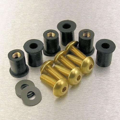 Pro-Bolt Aluminium Screen Bolt Kits in gold, featuring six gold bolts with a rounded head, accompanied by black spacers and washers, all arranged on a metallic surface.