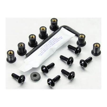 Pro-Bolt Aluminium Screen Bolt Kits in black, featuring seven black bolts with gold inserts, an Allen key, and a small packet of adhesive.