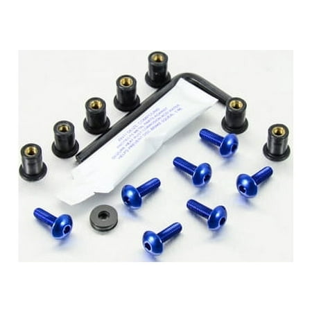 Pro-Bolt Aluminium Screen Bolt Kits in blue, featuring seven blue bolts, black spacers, an Allen key, and a small packet, all designed for secure screen attachment.