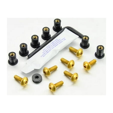 Pro-Bolt Aluminium Screen Bolt Kits in gold, featuring seven gold bolts, black spacers, an Allen key, and a small tube of adhesive, all neatly arranged.