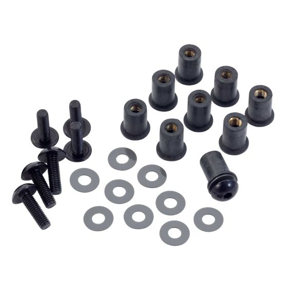 Pro-Bolt Aluminium Screen Bolt Kits in red, featuring seven bolts, washers, and spacers, designed for durability and a sleek finish.
