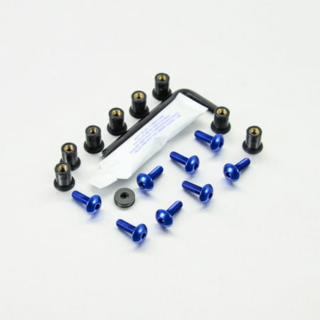 Pro-Bolt Aluminium Screen Bolt Kits in blue, featuring 8 blue bolts, 8 black spacers, a hex key, and a small packet, all arranged on a white background.