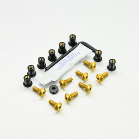 Pro-Bolt Aluminium Screen Bolt Kits in gold, featuring 8 gold bolts, black spacers, an Allen key, and a small packet, all arranged on a white background.