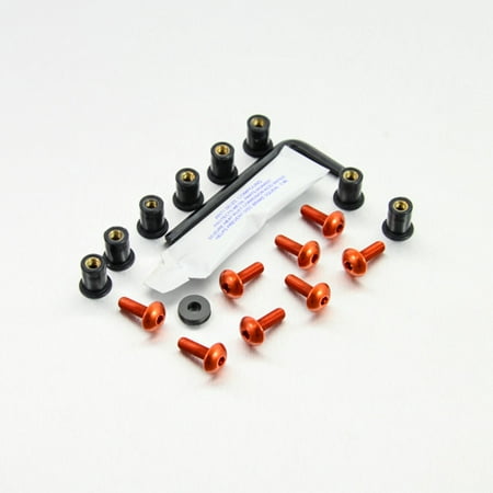 Pro-Bolt Aluminium Screen Bolt Kits in orange, featuring 8 orange bolts and 8 black spacers, accompanied by a small tube of adhesive and a washer.