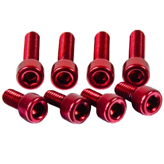 Red anodized aluminum bolts in various sizes, designed for Suzuki fuel cap installation, featuring hexagonal heads and a sleek finish for enhanced durability and style.