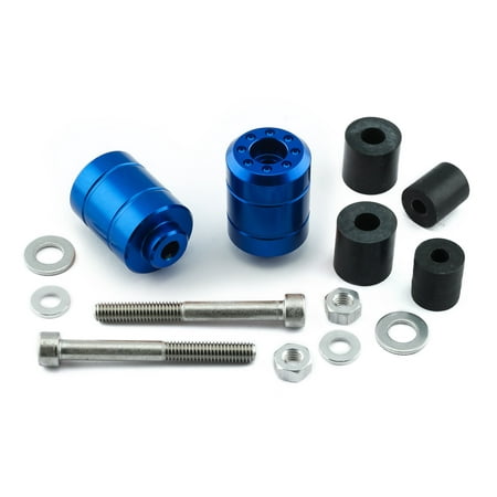Pro-Bolt Aluminium Universal Bar Ends in blue, featuring two cylindrical ends, rubber inserts, stainless steel bolts, and assorted washers and nuts for installation.