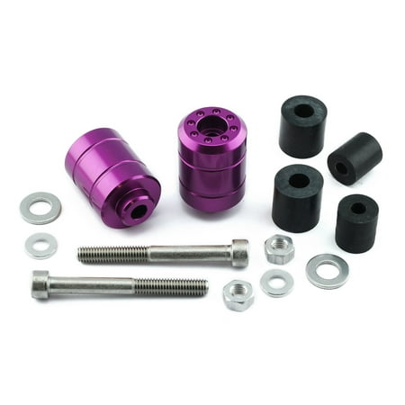 Purple aluminum universal bar ends with a sleek design, accompanied by black rubber inserts, stainless steel bolts, and various washers and nuts for installation.