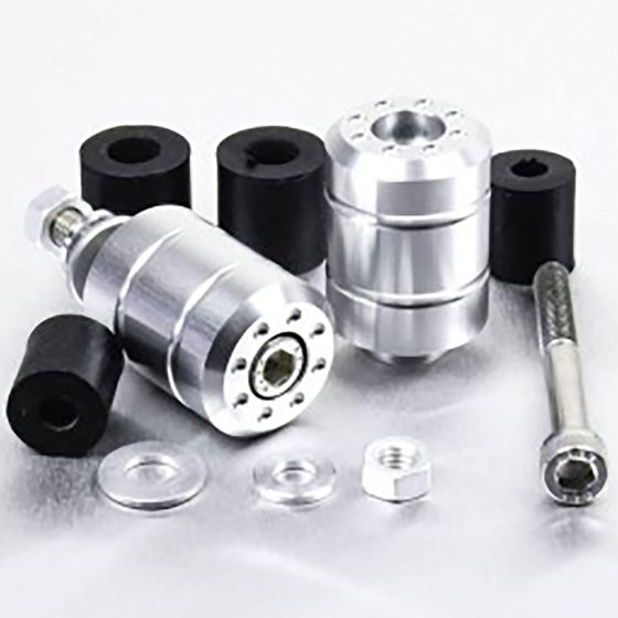 Pro-Bolt Aluminium Universal Bar Ends in silver, featuring a sleek design with a polished finish, accompanied by black rubber inserts and metal hardware for installation.