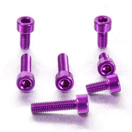 Purple aluminium bolts designed for Yamaha fuel cap kits, featuring a hexagonal head and a smooth finish, arranged in a scattered layout.