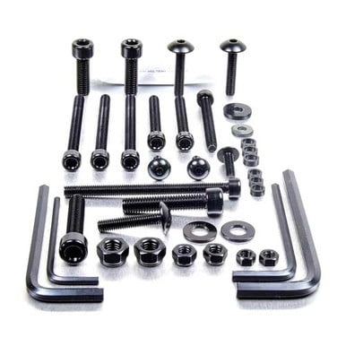 Assorted 25-piece Pro-Bolt alloy workshop tub set featuring mixed head bolts, nuts, washers, and hex keys, all in a sleek black finish.