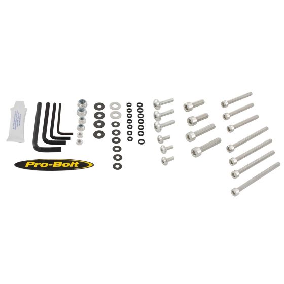 Assorted 50-piece Pro-Bolt alloy workshop tub featuring mixed head screws, black hex keys, washers, and a Pro-Bolt logo sticker, all in a red tub.
