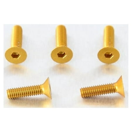 Five gold countersunk alloy bolts, M4 size, featuring a hexagonal socket head and smooth shank, arranged in two rows on a light background.