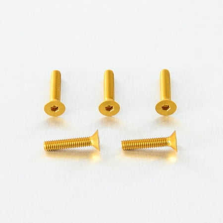Five gold countersunk alloy bolts, M4 x 0.70mm x 17.0mm, featuring a hexagonal socket head and smooth finish, arranged in two rows on a white background.