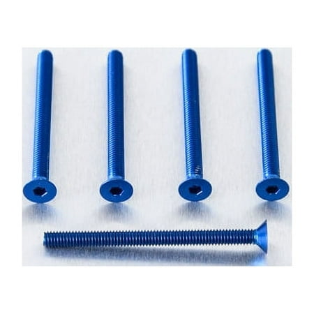 Five blue countersunk alloy bolts, M4 x 0.70mm x 42.0mm, featuring a hexagonal socket head and a smooth finish, arranged on a silver surface.