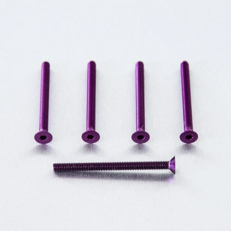 Five purple countersunk alloy bolts, each measuring M4 x 0.70mm x 47.0mm, arranged with one bolt lying horizontally and the others standing vertically.