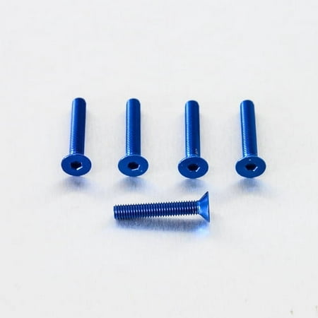 Five blue countersunk alloy bolts, each measuring M5 X 0.80mm X 27.0mm, featuring hexagonal heads and a smooth finish, arranged in a row on a light background.