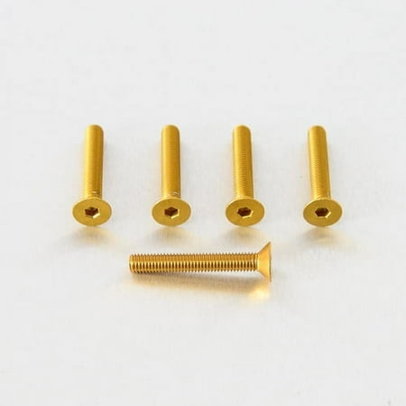 Five gold countersunk alloy bolts, M5 x 0.80mm x 31.0mm, featuring hexagonal heads and a sleek finish, arranged with one bolt lying horizontally and four standing vertically.