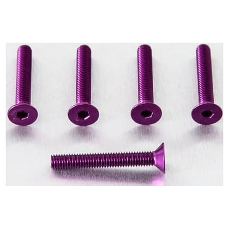 Five purple countersunk alloy bolts, each measuring M5 x 0.80mm x 31.0mm, featuring a hexagonal socket and a smooth finish, arranged on a reflective surface.