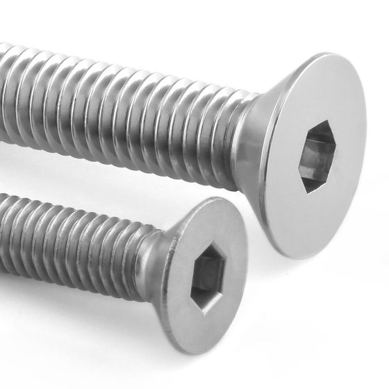 Silver countersunk alloy bolts with hexagonal heads, featuring fine threads, measuring M5 X 0.80mm X 31.0mm, presented in a pack of five.