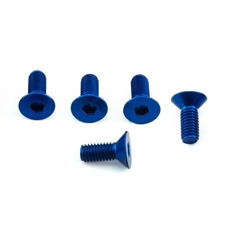 Five blue countersunk alloy bolts, each with a hexagonal socket, measuring M6 x 1.00mm x 11.0mm, showcasing a sleek, anodized finish for durability.