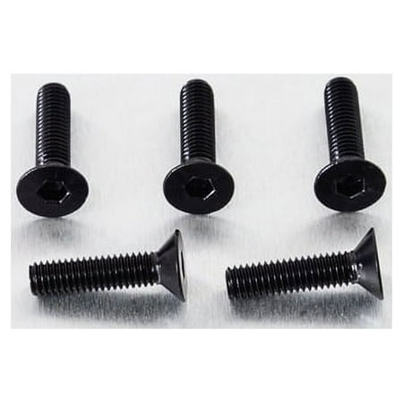Five black countersunk alloy bolts, M6 x 1.00mm x 20.0mm, featuring hex heads and smooth shafts, arranged on a metallic surface.