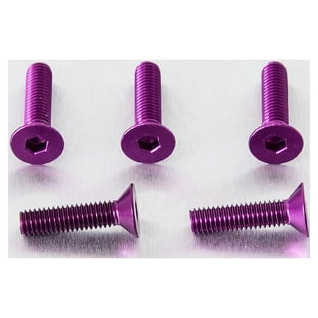 Five purple countersunk alloy bolts, M6 x 1.00mm x 20.0mm, featuring hexagonal heads and a smooth finish, arranged on a metallic surface.