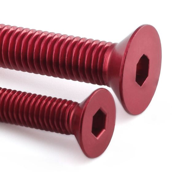Red countersunk alloy bolts with hexagonal heads, featuring a smooth finish and visible threading, measuring M6 x 1.00mm x 20.0mm, sold in a pack of five.